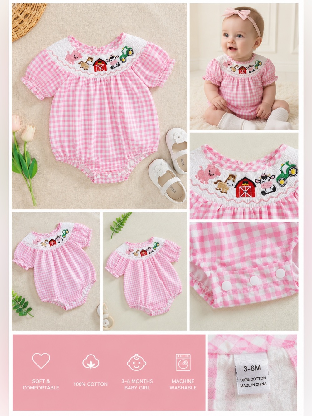 Boutique Pink Gingham Farm Smocked Bubble Romper | Baby Girl 3-6 Months
